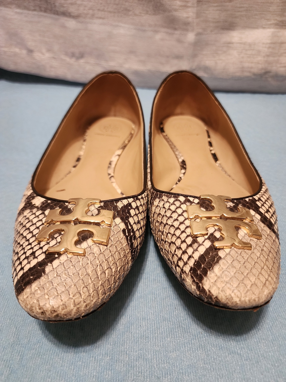 Tory Burch Snake-Embossed Ballet Flats in Beige & Brown